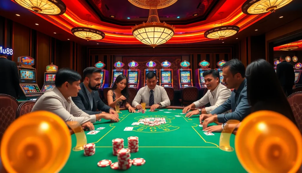 Experience high-stakes gaming excitement at Mu88's luxurious casino tables filled with poker chips.