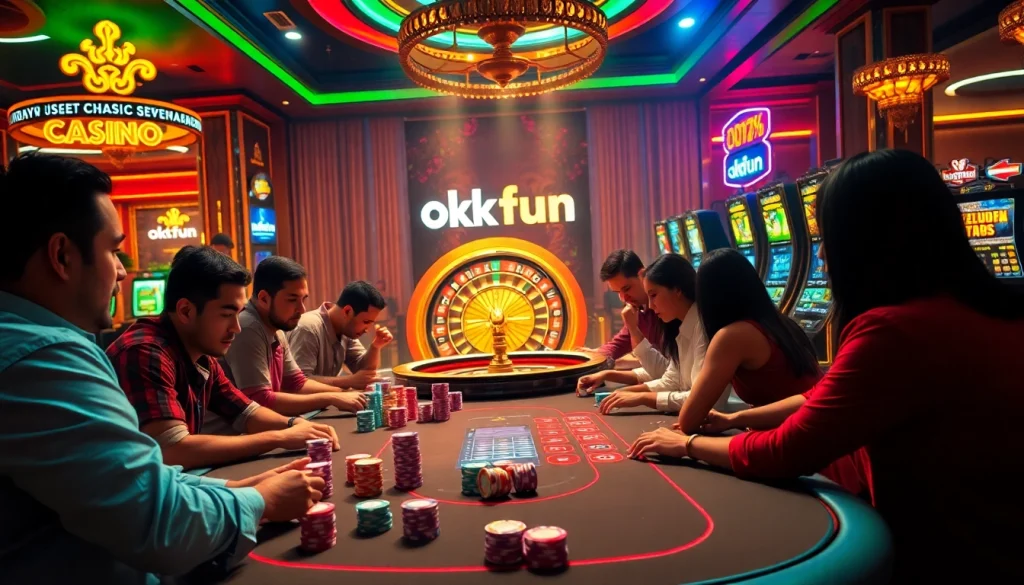 Experience a thrilling casino atmosphere as players enjoy poker and roulette at okfun's vibrant tables.
