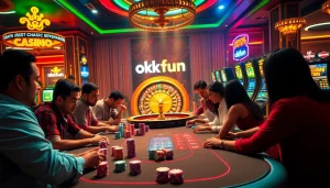 Experience a thrilling casino atmosphere as players enjoy poker and roulette at okfun's vibrant tables.