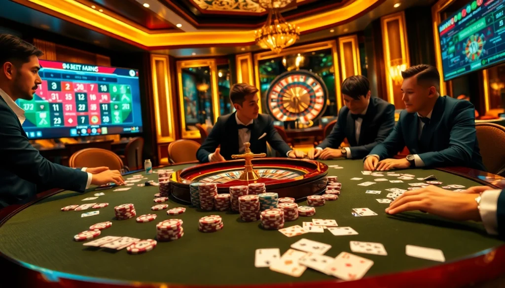 Engage in thrilling games at https://89bet.green/ with a luxurious poker setup, high-stakes chips, and an exciting roulette wheel.