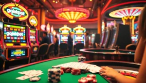 Players enjoying vibrant 'gojekpot' slot machines and poker activities in a luxurious casino atmosphere.