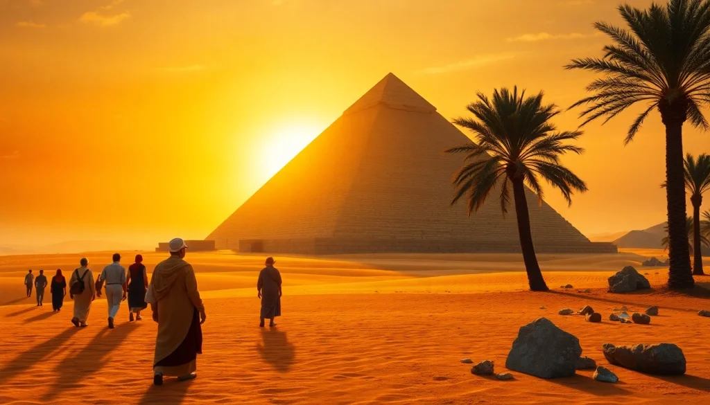 Visitors viewing the iconic piraminds silhouetted against a dramatic sunset.