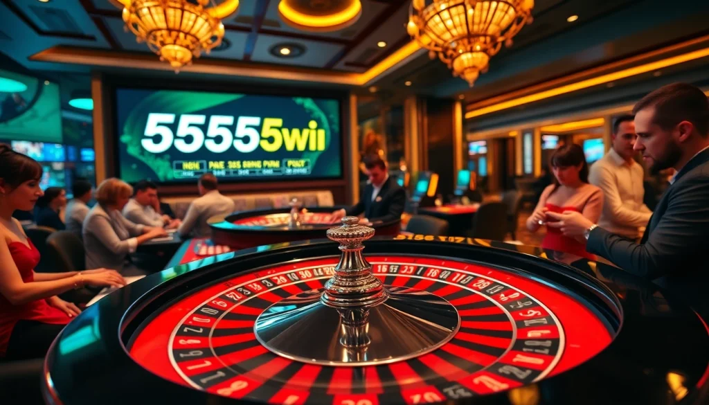 A dynamic roulette table scene at 555win casino, showcasing vibrant colors and engaged players in action.