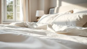 Verken percale katoen in een serene slaapkamer met natuurlijk licht en stijlvolle kussens.