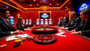 Engaging scene of luxury casino gaming with Luckywin branding, poker chips, and cards.