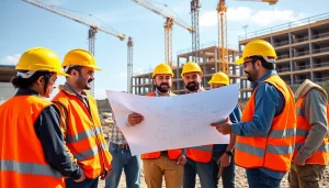 Engaged team at a construction association Colorado site reviewing blueprints together.