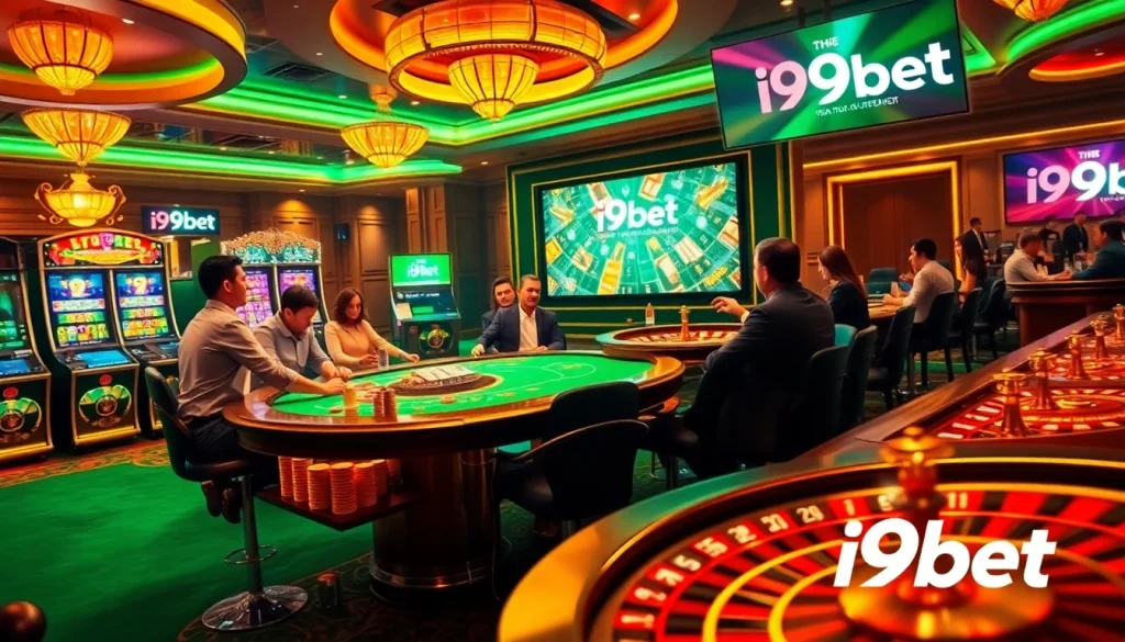 Gamblers enjoying high-stakes action at an i9bet casino, featuring vibrant slot machines and poker tables.