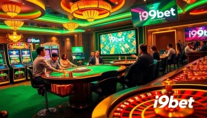 Gamblers enjoying high-stakes action at an i9bet casino, featuring vibrant slot machines and poker tables.
