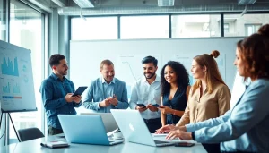 Engaged digital marketing team strategizing in a modern office environment, highlighting collaboration.