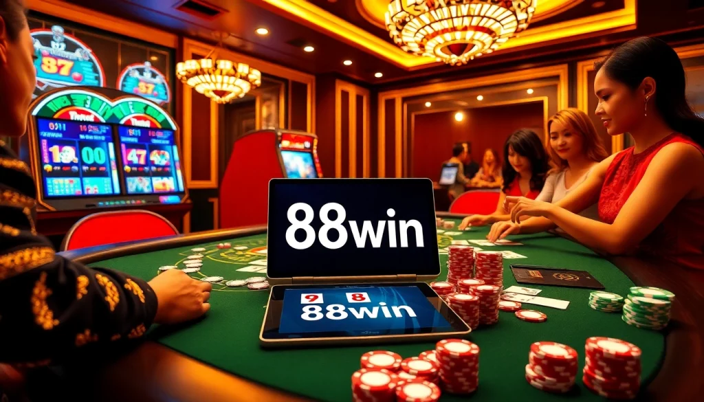 Experience the thrill of 98win with an exciting casino setup featuring professional card dealing and vibrant slot machines.
