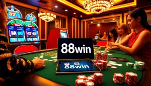 Experience the thrill of 98win with an exciting casino setup featuring professional card dealing and vibrant slot machines.