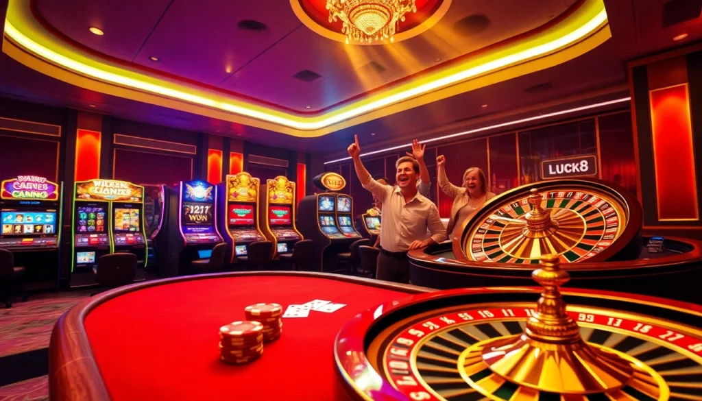 Experience the excitement at Luck8 casino with vibrant poker and slot machines in a luxurious setting.