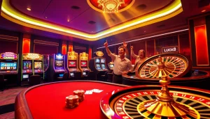 Experience the excitement at Luck8 casino with vibrant poker and slot machines in a luxurious setting.