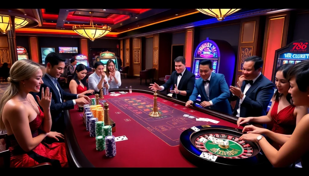 Engaged players at a luxurious casino table with vibrant gaming elements from https://tt88.de.com.