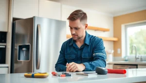 Appliance repair Ottawa technician skillfully fixing a refrigerator in a bright kitchen.