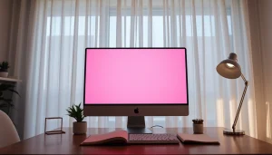 Calm workspace with a pink screen background enhancing creativity and comfort.