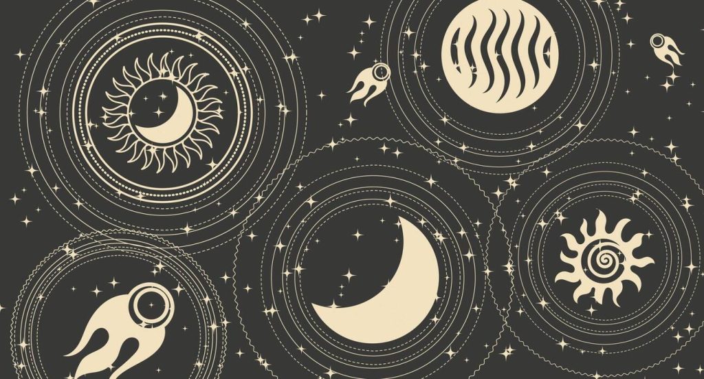 astrological-background-in-boho-style-golden-mystical-esoteric-symbols-of-the-moon-sun-stars-on-a-dark-background-print-astronomical-background-vector