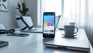 instapro app interface displayed on a modern smartphone in a stylish workspace