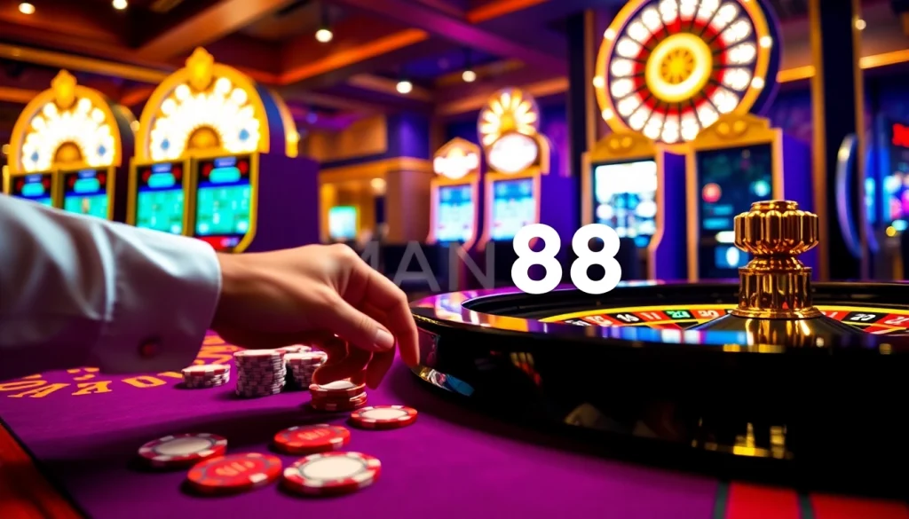 Man88 casino scene highlighting exciting poker action and luxury gaming elements.