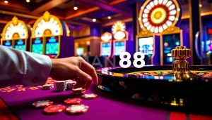 Man88 casino scene highlighting exciting poker action and luxury gaming elements.