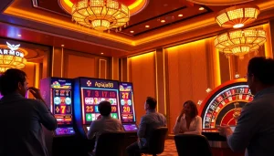 Excited players engaging at a slot machine, highlighting slot online apiraja88 and casino elements.