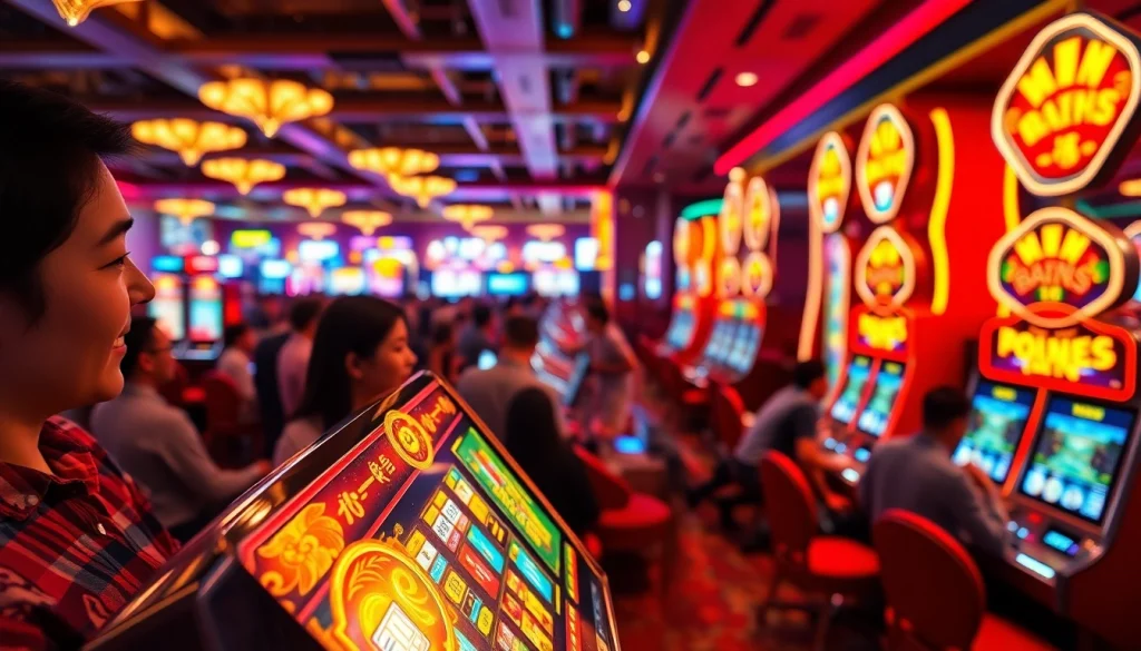 Menggambarkan slot depo 1k yang menarik dengan pemain bersemangat di latar belakang casino.