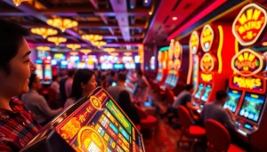 Menggambarkan slot depo 1k yang menarik dengan pemain bersemangat di latar belakang casino.