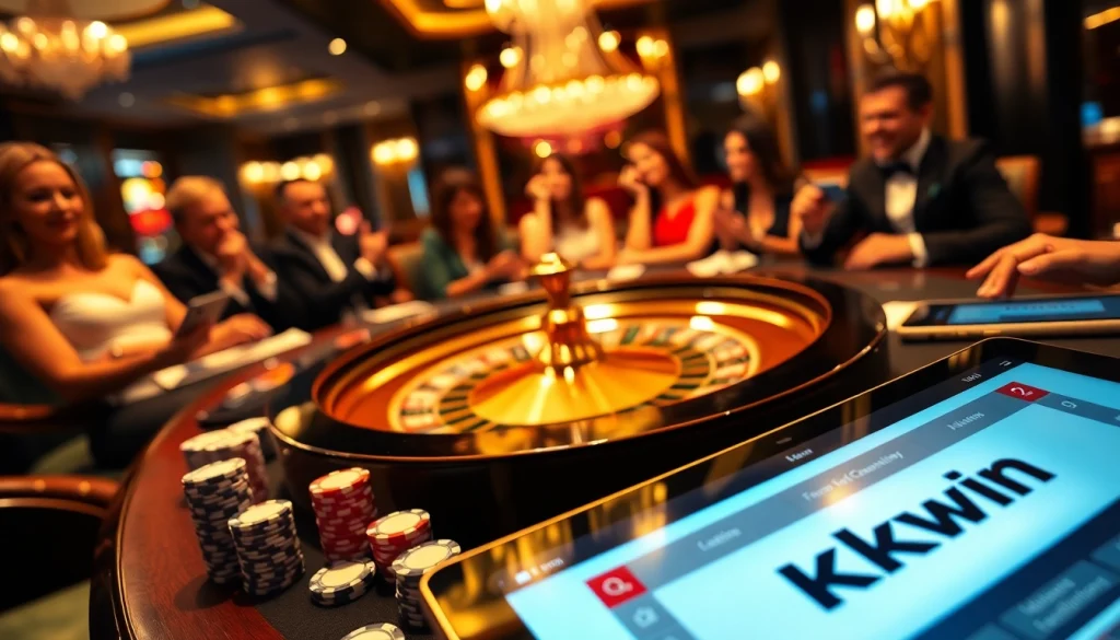 Kkwin casino action at a roulette table with excited players and vibrant gambling elements.