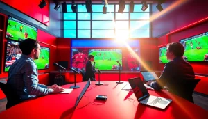 Engaging professionals in sports broadcasting discussing live events in a vibrant studio.
