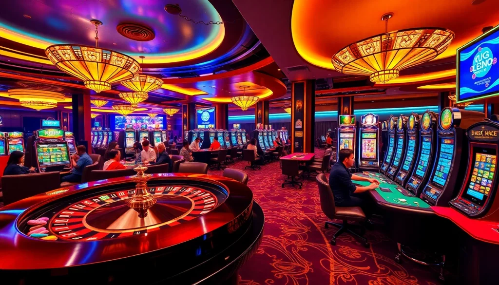 KJC casino atmosphere with players at roulette, poker tables, and vibrant slot machines.