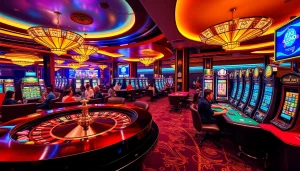KJC casino atmosphere with players at roulette, poker tables, and vibrant slot machines.