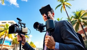 Capture the essence of South Florida Reporter with an engaging news reporter in a vibrant city.