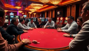 F168 poker table scene with players immersed in a high-stakes game and vibrant casino lights.