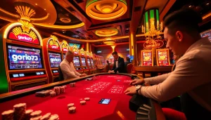 Exciting scene of gori77 gaming with vibrant tables and flashing slot machines at a luxurious casino.