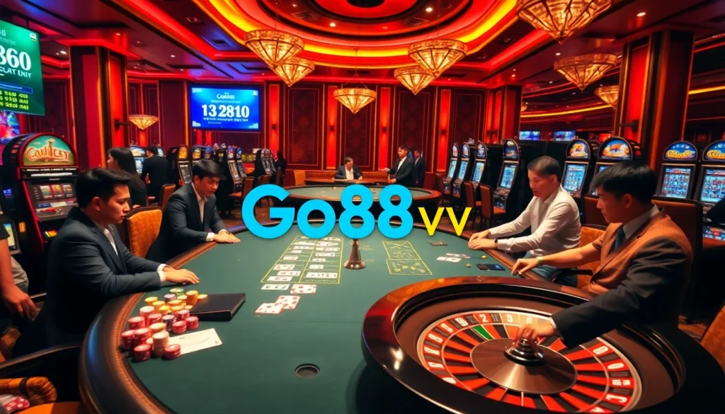 Excitement of Go88vn gaming with poker tables, slot machines, and vibrant casino action.