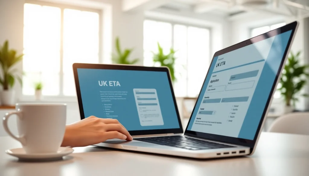 Submit your uk eta online application in a professional workspace with focused elements.