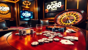 Experience the thrill of GG88 with vibrant poker chips and a roulette wheel in a luxurious casino setting.