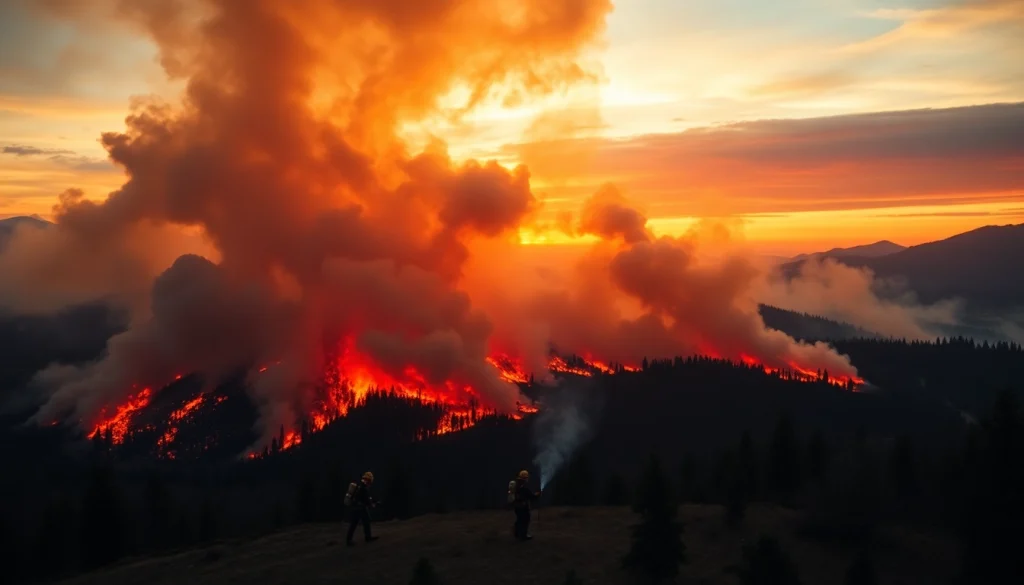 Vibrant scene of wildfire events showcasing firefighters battling a raging blaze against a sunset.