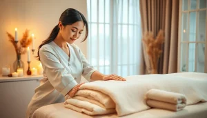 출장마사지: Young female therapist ready for a soothing home massage with warm, inviting atmosphere.