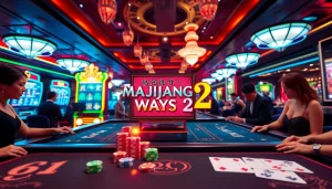 Berinteraksi dengan mesin slot Mahjong Ways 2 di kasino yang penuh warna dengan kegembiraan dan kemewahan.