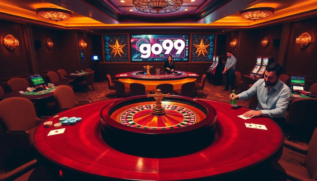 Experience the excitement of go99 in a luxurious casino with roulette and vibrant gaming tables.