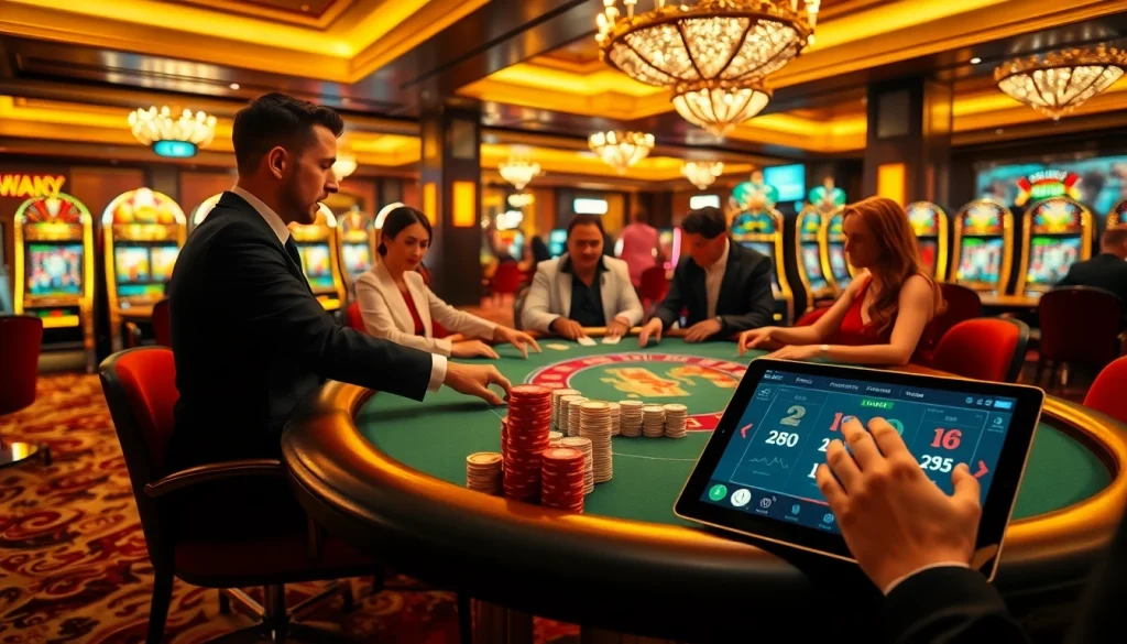 Engaging gamblers at the luxurious gaming table of https://rr88.navy/ with vibrant poker action and colorful chips.