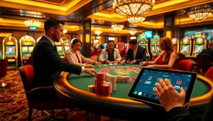 Engaging gamblers at the luxurious gaming table of https://rr88.navy/ with vibrant poker action and colorful chips.