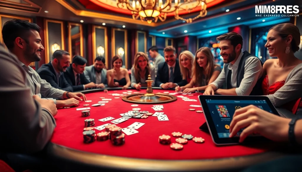 Exciting gambling scene at a luxurious casino showcasing MM88 PRESS poker table and players.