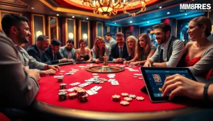 Exciting gambling scene at a luxurious casino showcasing MM88 PRESS poker table and players.
