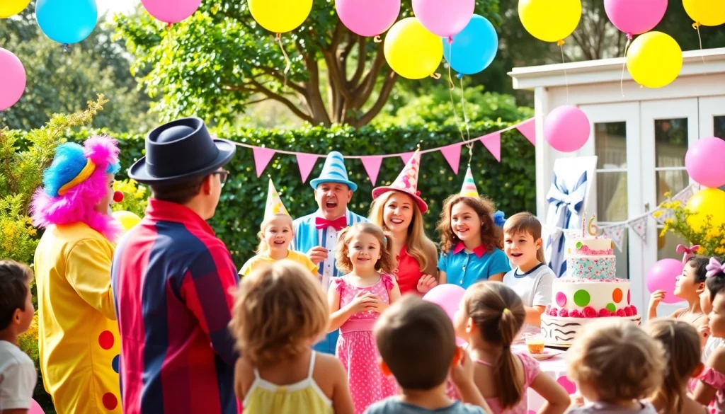 Engaging Birthday party entertainers performing joyfully for children at a lively celebration.