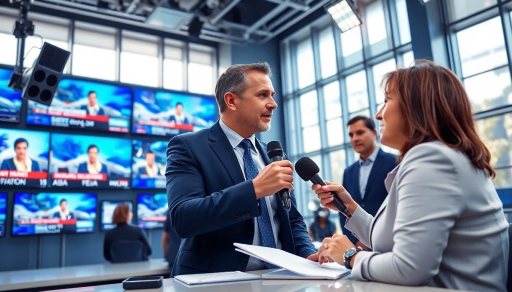 Capture of a journalist in a newsroom discussing Usa Today headlines with colleagues.