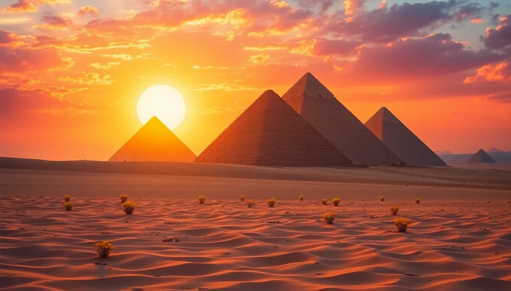 Piraminds standing majestically at sunset, highlighting their historical significance.