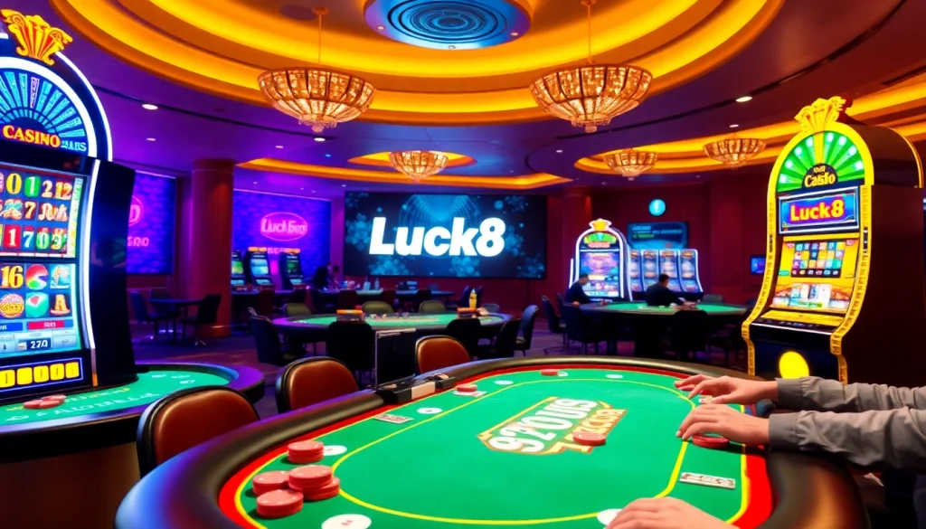 Luck8 players engage in poker at a vibrant online casino, showcasing excitement and professionalism.