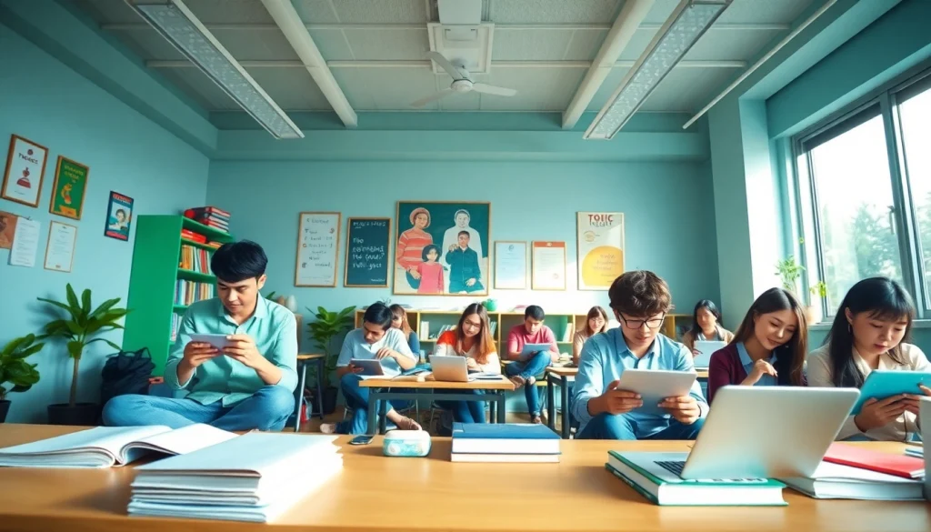 デジタル機器を使う多様な学生たちが登場する、スタディサプリ TOEIC キャンペーンを強調した魅力的な学習スペース。